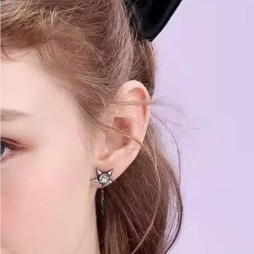 925 Sterling Silver Plated Kuromi Bat Wings Arrow & Heart Mismatch Stud Earrings